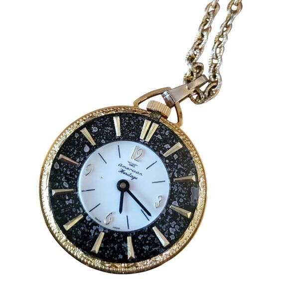 Vintage American Heritage Pocket Watch Necklace Pendant Gold Tone Swiss Untested - Picture 2 of 7